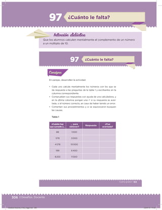 306 | Desafíos. Docente
97 ¿Cuánto le falta?
Intención didácica
Que los alumnos calculen mentalmente el complemento de un número
a un múltiplo de 10.
183Cuarto grado |
Actividad 1
En parejas, desarrollen la actividad.
• Cada uno calcule mentalmente los números con los que se
da respuesta a las preguntas de la tabla 1 y escríbanlos en la
columna correspondiente.
• Comprueben sus respuestas con ayuda de una calculadora, y
en la última columna pongan una ü si su respuesta es acer-
tada, o el número correcto, en caso de haber tenido un error.
• Comenten sus procedimientos y si se equivocaron busquen
las causas.
Tabla 1
¿Cuánto hay
que sumarle a…
… para
obtener?
Respuesta
¿Fue
acertada?
88 1 000
579 3 000
4 578 10 000
199 6 400
8 253 11 300
Acividad 1Acividad 1Consigna 1Consigna 1
Acividad 2Acividad 2Consigna 2Consigna 2
Acividad 3Acividad 3Consigna 3Consigna 3
Acividad 4Acividad 4Consigna 4Consigna 4
ConsignaConsigna
97
Acividad 1Acividad 1Consigna 1Consigna 1
Acividad 2Acividad 2Consigna 2Consigna 2
Acividad 3Acividad 3Consigna 3Consigna 3
Acividad 4Acividad 4Consigna 4Consigna 4
ConsignaConsigna
¿Cuánto le falta?
Desafios-Docente_4-B5_maga.indd 306 03/07/13 17:53
 