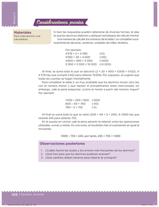 308 | Desafíos. Docente
Bloque5
Si bien las respuestas pueden obtenerse de diversas formas, la idea
es que los alumnos elaboren y apliquen estrategias de cálculo mental.
Una manera de calcular los números de la tabla 1, es completar suce-
sivamente las decenas, centenas, unidades de millar, etcétera.
Por ejemplo:
4 578 + 2 = 4 580 (+2)
4 580 + 20 = 4 600 (+20)
4 600 + 400 = 5 000 (+400)
5 000 + 5 000 = 10 000 (+5 000)
Al inal, se suma todo lo que se adicionó (2 + 20 + 400 + 5 000 = 5 422). A
4 578 hay que sumarle 5 422 para obtener 10 000. Por supuesto, se sugiere que
todas las cuentas se hagan mentalmente.
Para completar la tabla 2, es muy probable que los alumnos inicien otra vez
con el número menor y que repitan el procedimiento antes mencionado, sin
embargo, vale la pena preguntar, ¿cómo le harían a partir del número mayor?
Por ejemplo:
1 000 – 200 = 800 (-200)
800 – 40 = 760 (-40)
760 – 5 = 755 (-5)
Al inal se suma todo lo que se restó (200 + 40 + 5 = 245). A 1 000 hay que
restarle 245 para obtener 755.
En la puesta en común vale la pena advertir la relación entre las operaciones
utilizadas, sumas y restas. En una resta, el resultado más el sustraendo es igual al
minuendo.
1 000 – 755 = 245, por tanto, 245 + 755 = 1 000
Consideraciones previasConsideraciones previas
Materiales
Para cada alumno: una
calculadora.
1. ¿Cuáles fueron las dudas y los errores más frecuentes de los alumnos?
2. ¿Qué hizo para que los alumnos pudieran avanzar?
3. ¿Qué cambios deben hacerse para mejorar la consigna?
Observaciones posteriores
Desafios-Docente_4-B5_maga.indd 308 03/07/13 17:53
 