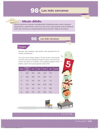 309Cuarto grado |
98 Los más cercanos
Intención didácica
Que los alumnos calculen mentalmente la distancia entre varios números
(pequeños) y determinen cuál es la más corta, para advertir que la distancia
entre dos números es independiente de la posición relativa de ambos.
185Cuarto grado |
Actividad 1
Resuelve este problema; para decidir cada respuesta haz los
cálculos mentalmente.
Luis y tres de sus amigos juegan a “El más cercano”, que consiste
en tomar al azar una tarjeta que tenga el número más cercano al
número que tienen en el tablero. Si los jugadores eligieron estas
tarjetas, ¿quién crees que ha ganado cada ronda?
Ronda
Número
de
tablero
Luis Rosa Felipe Julia Ganador
1 260 300 238 248 279
2 430 392 451 460 417
3 110 207 134 85 79
4 370 399 349 400 389
5 100 86 115 73 186
6 480 314 241 593 327
Acividad 1Acividad 1Consigna 1Consigna 1
Acividad 2Acividad 2Consigna 2Consigna 2
Acividad 3Acividad 3Consigna 3Consigna 3
Acividad 4Acividad 4Consigna 4Consigna 4
ConsignaConsigna
98 Los más cercanos
Acividad 1Acividad 1Consigna 1Consigna 1
Acividad 2Acividad 2Consigna 2Consigna 2
Acividad 3Acividad 3Consigna 3Consigna 3
Acividad 4Acividad 4Consigna 4Consigna 4
ConsignaConsigna
Desafios-Docente_4-B5_maga.indd 309 03/07/13 17:53
 