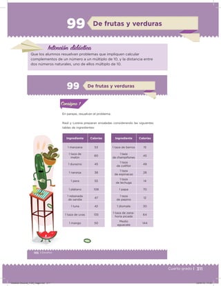 311Cuarto grado |
99 De frutas y verduras
Intención didácica
Que los alumnos resuelvan problemas que impliquen calcular
complementos de un número a un múltiplo de 10, y la distancia entre
dos números naturales, uno de ellos múltiplo de 10.
186 | Desafíos
Actividad 1
En parejas, resuelvan el problema.
Raúl y Lorena preparan ensaladas considerando las siguientes
tablas de ingredientes:
Ingrediente Calorías
1 taza de berros 15
1 taza
de champiñones
45
1 taza
de coliﬂor
48
1 taza
de espinacas
28
1 taza
de lechuga
14
1 papa 70
1 taza
de pepino
12
1 jitomate 30
1 taza de zana-
horia picada
64
Medio
aguacate
144
Ingrediente Calorías
1 manzana 53
1 taza de
melón
80
1 durazno 45
1 naranja 38
1 pera 55
1 plátano 108
1 rebanada
de sandía
47
1 tuna 42
1 taza de uvas 135
1 mango 50
Acividad 1Acividad 1Consigna 1Consigna 1
Acividad 2Acividad 2Consigna 2Consigna 2
Acividad 3Acividad 3Consigna 3Consigna 3
Acividad 4Acividad 4Consigna 4Consigna 4
ConsignaConsigna
99 De frutas y verduras
Acividad 1Acividad 1Consigna 1Consigna 1
Acividad 2Acividad 2Consigna 2Consigna 2
Acividad 3Acividad 3Consigna 3Consigna 3
Acividad 4Acividad 4Consigna 4Consigna 4
ConsignaConsigna
Desafios-Docente_4-B5_maga.indd 311 03/07/13 17:53
 