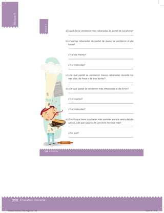 330 | Desafíos. Docente
Bloque5
196 | Desafíos
Bloque5
a) ¿Qué día se vendieron más rebanadas de pastel de zanahoria?
b) ¿Cuántas rebanadas de pastel de queso se vendieron el día
lunes?
¿Y el día martes?
¿Y el miércoles?
c) ¿De qué pastel se vendieron menos rebanadas durante los
tres días, de fresa o de tres leches?
d) ¿De qué pastel se vendieron más rebanadas el día lunes?
¿Y el martes?
¿Y el miércoles?
e) Don Roque tiene que hacer más pasteles para la venta del día
jueves, ¿de qué sabores le conviene hornear más?
¿Por qué?
Desafios-Docente_4-B5_maga.indd 330 03/07/13 17:53
 