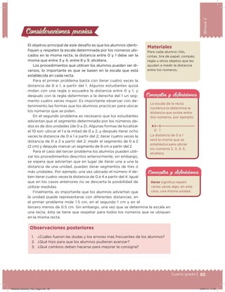85Cuarto grado |
Bloque2
El objetivo principal de este desafío es que los alumnos identi-
ﬁquen y respeten la escala determinada por los números ubi-
cados en la misma recta, la distancia entre 0 y 1 debe ser la
misma que entre 3 y 4, entre 8 y 9, etcétera.
Los procedimientos que utilicen los alumnos pueden ser di-
versos, lo importante es que se basen en la escala que está
establecida en cada recta.
Para el primer problema basta con iterar cuatro veces la
distancia de 0 a 1, a partir del 1. Algunos estudiantes quizá
midan con una regla o escuadra la distancia entre 0 y 1, y
después con la regla determinen a la derecha del 1 un seg-
mento cuatro veces mayor. Es importante observar con de-
tenimiento las formas que los alumnos practican para ubicar
los números que se piden.
En el segundo problema es necesario que los estudiantes
adviertan que el segmento determinado por los números da-
dos es de dos unidades (de 0 a 2). Algunas formas de localizar
el 10 son: ubicar el 1 a la mitad de 0 y 2, y después iterar ocho
veces la distancia de 0 a 1 a partir del 2; iterar cuatro veces la
distancia de 0 a 2 a partir del 2; medir el segmento de 0 a 2
(2 cm) y después marcar un segmento de 8 cm a partir del 2.
Para el caso del tercer problema los alumnos pueden utili-
zar los procedimientos descritos anteriormente, sin embargo,
se espera que adviertan que en lugar de iterar una a una la
distancia de una unidad, puedan iterar segmentos de tres o
más unidades. Por ejemplo, una vez ubicado el número 4 de-
ben iterar cuatro veces la distancia de 0 a 4 a partir del 4. Igual
que en los casos anteriores no se descarta la posibilidad de
utilizar medidas.
Finalmente, es importante que los alumnos adviertan que
la unidad puede representarse con diferentes distancias; en
el primer problema mide 1.5 cm, en el segundo 1 cm y en el
tercero menos de 0.5 cm. Sin embargo, una vez que se determina la escala en
una recta, ésta se tiene que respetar para todos los números que se ubiquen
en la misma recta.
1. ¿Cuáles fueron las dudas y los errores más frecuentes de los alumnos?
2. ¿Qué hizo para que los alumnos pudieran avanzar?
3. ¿Qué cambios deben hacerse para mejorar la consigna?
Observaciones posteriores
Consideraciones previasConsideraciones previas
Iterar signiﬁca repetir
varias veces algo, en este
caso, una misma unidad.
Conceptos y deﬁnicionesConceptos y deﬁniciones
Materiales
Para cada alumno: hilo,
cintas, tira de papel, compás,
regla u otros objetos que les
ayuden a medir la distancia
entre los números.
0 1
La escala de la recta
numérica la determina la
distancia que existe entre
dos números, por ejemplo:
La distancia de 0 a 1
será la misma que se
establezca para ubicar
los números 2, 3, 4, 5,
etcétera.
Conceptos y deﬁnicionesConceptos y deﬁniciones
0 1
85Cuarto grado |
Desafios-Docente_4-B2_maga.indd 85 03/07/13 17:49
 