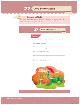 88 | Desafíos. Docente
27 Cero información
Intención didácica
Que los alumnos determinen la escala y el origen de la graduación de una
recta numérica para ubicar números.
50 | Desafíos
Actividad 1
En equipos, localicen en cada recta los números que se indican.
Los números 20, 50 y 80
Los números 300, 500 y 750
Los números 175, 250, 300 y 475
Acividad 1Acividad 1
Acividad 2Acividad 2
Acividad 3Acividad 3
Acividad 4Acividad 4
Consigna 1Consigna 1
Consigna 2Consigna 2
Consigna 3Consigna 3
Consigna 4Consigna 4
ConsignaConsigna
30
100
Cero información
Acividad 1Acividad 1
Acividad 2Acividad 2
Acividad 3Acividad 3
Acividad 4Acividad 4
Consigna 1Consigna 1
Consigna 2Consigna 2
Consigna 3Consigna 3
Consigna 4Consigna 4
ConsignaConsigna
27
Desafios-Docente_4-B2_maga.indd 88 03/07/13 17:49
 