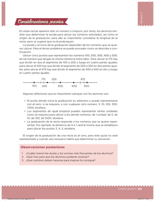 89Cuarto grado |
Bloque2
Consideraciones previasConsideraciones previas
En estas rectas aparece sólo un número o ninguno, por tanto, los alumnos ten-
drán que determinar la escala para ubicar los números solicitados, así como el
origen de la graduación; para ello es importante considerar la longitud de la
recta, pero se sugiere que no la prolonguen.
La escala y el inicio de la graduación dependen de los números que se quie-
ren ubicar. Para el tercer problema se puede proceder como se describe a con-
tinuación:
Ubicar cinco puntos que representen los números 100, 200, 300, 400 y 500,
de tal manera que tengan la misma distancia entre ellos. Para ubicar el 175 hay
que dividir en dos el segmento de 100 a 200 y luego en cuatro partes iguales;
para ubicar el 250 hay que dividir el segmento de 200 a 300 en dos partes igua-
les; para ubicar el 475 hay que dividir el segmento de 400 a 500 en dos y luego
en cuatro partes iguales.
175 250 475
500400300200100
Algunas relexiones que es importante subrayar con los alumnos son:
•	 El punto donde inicia la graduación es arbitrario y puede representarse
con el cero, si se requiere, o con cualquier otro número: 3, 10, 100, 300,
1 000, etcétera.
•	 Los segmentos de igual longitud pueden representar tantas unidades
como se requiera para ubicar a los demás números, de 1 unidad, de 5, de
10, de 100, de 1000, etcétera.
•	 La graduación de la recta responde a los números que se quiere repre-
sentar. Por ejemplo: la distancia de 0 a 1 será la misma que se establezca
para ubicar los puntos 3, 4, 5, etcétera.
El origen de la graduación de una recta es el cero, pero éste quizá no esté
representado y cuando sea necesario habrá que determinar su ubicación.
1. ¿Cuáles fueron las dudas y los errores más frecuentes de los alumnos?
2. ¿Qué hizo para que los alumnos pudieran avanzar?
3. ¿Qué cambios deben hacerse para mejorar la consigna?
Observaciones posteriores
89Cuarto grado |
Desafios-Docente_4-B2_maga.indd 89 03/07/13 17:49
 