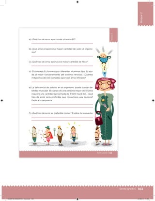 103Sexto grado |
Bloque2
65Sexto grado |
Bloque2
65
a) ¿Qué tipo de arroz aporta más vitamina B1?
b) ¿Qué arroz proporciona mayor cantidad de yodo al organis-
mo?
c) ¿Qué tipo de arroz aporta una mayor cantidad de ibra?
d) El complejo B (formado por diferentes vitaminas tipo B) ayu-
da al mejor funcionamiento del sistema nervioso. ¿Cuántos
miligramos de este complejo aporta el arroz reinado?
e) La deiciencia de potasio en el organismo puede causar de-
bilidad muscular. El cuerpo de una persona mayor de 10 años
requiere una cantidad aproximada de 2 000 mg al día1
. ¿Qué
tipo de arroz sería preferible que consumiera una persona?
Explica tu respuesta.
f) ¿Qué tipo de arroz es preferible comer? Explica tu respuesta.
1
Disponible en www.botanical-online.com
DESAFIO-DOCENTE-6-final.indd 103 27/06/13 11:48
 
