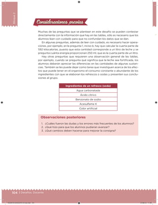 104 | Desafíos. Docente
Bloque2
Consideraciones previasConsideraciones previas
Muchas de las preguntas que se plantean en este desafío se pueden contestar
directamente con la información que hay en las tablas, sólo es necesario que los
alumnos lean con cuidado para que no confundan los datos que se dan.
En algunas preguntas, además de leer con cuidado, es necesario hacer opera-
ciones, por ejemplo, en la pregunta 1, inciso b, hay que calcular la cuarta parte de
592 kilocalorías, puesto que esta cantidad corresponde a un litro de leche y se
pregunta cuánta energía proporcionan 250 ml, que es la cuarta parte de un litro.
Hay otras preguntas que requieren una observación general de las tablas,
por ejemplo, cuando se pregunta qué signiica que la leche sea fortiicada, los
alumnos deberán apreciar las diferencias en las cantidades de algunas sustan-
cias. También se les puede dejar como tarea que investiguen acerca de los efec-
tos que puede tener en el organismo el consumo constante o abundante de los
ingredientes con que se elaboran los refrescos o sodas y presenten sus conclu-
siones al grupo.
Ingredientes de un refresco (soda)
Agua carbonatada
Ácido cítrico
Benzonato de sodio
Acesulfame K
Color artiicial
1. ¿Cuáles fueron las dudas y los errores más frecuentes de los alumnos?
2. ¿Qué hizo para que los alumnos pudieran avanzar?
3. ¿Qué cambios deben hacerse para mejorar la consigna?
Observaciones posteriores
DESAFIO-DOCENTE-6-final.indd 104 27/06/13 11:48
 