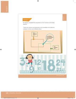 120 | Desafíos. Docente
Bloque3
Bloque3
77Sexto grado |
ConsignaConsigna
En equipo, completen los esquemas con los números de la tabla
anterior.
“Todos los números que aparecen como resultado en la tabla de
cualquier número son múltiplos de él.”
Los
múltiplos
de 3
Los
múltiplos
de 2
Los múltiplos
de 2 que también
son múltiplos
de 3
DESAFIO-DOCENTE-6-final.indd 120 27/06/13 11:48
 