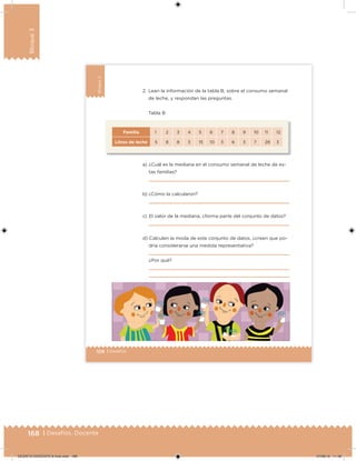 168 | Desafíos. Docente
Bloque3
106 | Desafíos
Bloque3
a) ¿Cuál es la mediana en el consumo semanal de leche de es-
tas familias?
b) ¿Cómo la calcularon?
c) El valor de la mediana, ¿forma parte del conjunto de datos?
d) Calculen la moda de este conjunto de datos, ¿creen que po-
dría considerarse una medida representativa?
¿Por qué?
2. Lean la información de la tabla B, sobre el consumo semanal
de leche, y respondan las preguntas.
Familia 1 2 3 4 5 6 7 8 9 10 11 12
Litros de leche 5 8 8 3 15 10 3 6 3 7 28 3
Tabla B
DESAFIO-DOCENTE-6-final.indd 168 27/06/13 11:48
 