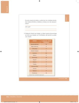 172 | Desafíos. Docente
Bloque3
109Sexto grado |
Bloque3
De este conjunto de datos, ¿cuál de las tres medidas estudia-
das (media aritmética, mediana o moda) es la más represen-
tativa?
¿Por qué?
Entidad % población infantil
trabajadora
Aguascalientes 10
Baja California 8
Chihuahua 8
Distrito Federal 6
Guerrero 20
México 8
Michoacán 18
Nayarit 17
Oaxaca 17
Puebla 17
Quintana Roo 17
Sonora 7
Tabasco 17
Zacatecas 18
3. Población infantil que trabaja. La tabla muestra el porcentaje
de niños que trabajan, en 14 entidades, del total de su pobla-
ción infantil.
Fuente: http: //cuentame.inegi.org.mx
DESAFIO-DOCENTE-6-final.indd 172 27/06/13 11:48
 