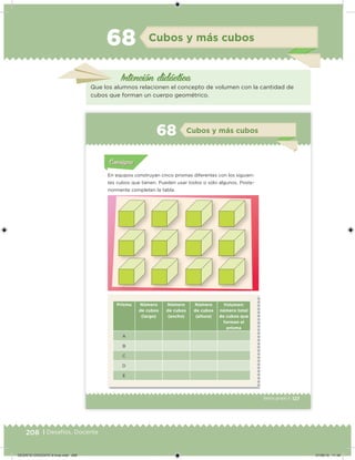 208 | Desafíos. Docente
Intención didácica
Cubos y más cubos68
Que los alumnos relacionen el concepto de volumen con la cantidad de
cubos que forman un cuerpo geométrico.
127Sexto grado |
Acividad 1Acividad 111
Acividad 2Acividad 222ConsignaConsigna
Acividad 3Acividad 3Acividad 3Acividad 3
Acividad 4Acividad 4Acividad 4Acividad 4
ConsignaConsigna
Cubos y más cubos68
Acividad 1Acividad 1
Acividad 1Acividad 1
Acividad 2Acividad 2Acividad 2Acividad 2
Acividad 3Acividad 3Acividad 3Acividad 3
Acividad 4Acividad 4Acividad 4Acividad 4
ConsignaConsigna
En equipos construyan cinco prismas diferentes con los siguien-
tes cubos que tienen. Pueden usar todos o sólo algunos. Poste-
riormente completen la tabla.
Prisma Número
de cubos
(largo)
Número
de cubos
(ancho)
Número
de cubos
(altura)
Volumen:
número total
de cubos que
forman el
prisma
A
B
C
D
E
DESAFIO-DOCENTE-6-final.indd 208 27/06/13 11:49
 