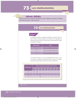 220 | Desafíos. Docente
Intención didácica
Los medicamentos73
Que los alumnos resuelvan problemas que impliquen obtener múltiplos
comunes de dos o más números.
134 | Desafíos
ConsignaConsigna
En equipos resuelvan el siguiente problema: la señora Clara vi-
sitó al médico porque padecía una infección en la garganta; el
tratamiento que le recetó consta de varios medicamentos, según
se explica en la tabla.
Medicamento Dosis
A Tomar una tableta cada 6 horas
B Tomar una tableta cada 8 horas
C Tomar una cápsula cada 12 horas
Medicamento
Tomas y horas que han pasado (tras 1ª toma)
2ª
toma
3ª
toma
4ª
toma
5ª
toma
6ª
toma
7ª
toma
8ª
toma
9ª
toma
10ª
toma
A 6 12
B 16 24
C 36
Si la primera toma de los tres medicamentos la hace al mis-
mo tiempo, completen la siguiente tabla en donde se registra
el tiempo transcurrido a partir del inicio del tratamiento.
Los medicamentos73
DESAFIO-DOCENTE-6-final.indd 220 27/06/13 11:49
 