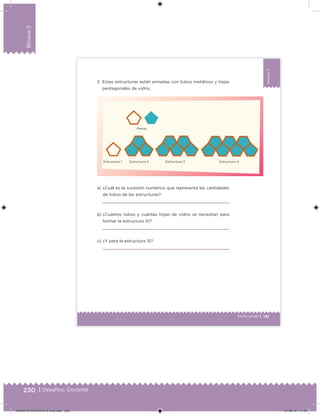 230 | Desafíos. Docente
Bloque5
141Sexto grado |
Bloque5
2. Estas estructuras están armadas con tubos metálicos y hojas
pentagonales de vidrio.
a) ¿Cuál es la sucesión numérica que representa las cantidades
de tubos de las estructuras?
b) ¿Cuántos tubos y cuántas hojas de vidrio se necesitan para
formar la estructura 10?
c) ¿Y para la estructura 15?
Piezas
Estructura 1 Estructura 2 Estructura 3 Estructura 4
DESAFIO-DOCENTE-6-final.indd 230 27/06/13 11:49
 
