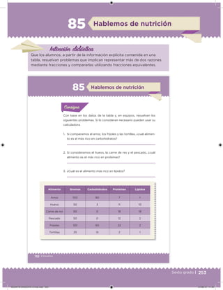 253Sexto grado |
Intención didácica
Hablemos de nutrición85
Que los alumnos, a partir de la información explícita contenida en una
tabla, resuelvan problemas que implican representar más de dos razones
mediante fracciones y compararlas utilizando fracciones equivalentes.
152 | Desafíos
Con base en los datos de la tabla y, en equipos, resuelvan los
siguientes problemas. Si lo consideran necesario pueden usar su
calculadora.
1. Si comparamos el arroz, los frijoles y las tortillas, ¿cuál alimen-
to es el más rico en carbohidratos?
2. Si consideramos el huevo, la carne de res y el pescado, ¿cuál
alimento es el más rico en proteínas?
3. ¿Cuál es el alimento más rico en lípidos?
Alimento Gramos Carbohidratos Proteínas Lípidos
Arroz 100 80 7 1
Huevo 50 3 11 10
Carne de res 90 0 18 18
Pescado 50 0 12 2
Frijoles 120 60 22 2
Tortillas 25 15 2 1
Acividad 1Acividad 1
Acividad 1Acividad 1
Acividad 2Acividad 2Acividad 2Acividad 2
Acividad 3Acividad 3Acividad 3Acividad 3
Acividad 4Acividad 4Acividad 4Acividad 4
ConsignaConsigna
Hablemos de nutrición85
DESAFIO-DOCENTE-6-final.indd 253 27/06/13 11:49
 