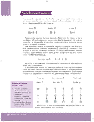254 | Desafíos. Docente
Bloque5
Consideraciones previasConsideraciones previas
Para responder los problemas del desafío se espera que los alumnos represen-
ten las razones en forma de fracciones y que transformen éstas en otras equiva-
lentes más simples y fáciles de comparar.
Arroz:
80
100
Frijoles:
60
120
Tortillas:
15
25
80
100
=
40
50
=
4
5
60
120
=
1
2
15
25
=
3
5
Posiblemente algunos alumnos descarten fácilmente los frijoles al darse
cuenta que la fracción es menor que las otras dos, las cuales son mayores que
un medio y al compararlas entre así no representan mayor problema porque
tienen el mismo denominador.
En el segundo problema se espera que los alumnos observen que dos datos
de la tabla se pueden comparar fácilmente:
11
50
(huevo) y
12
50
(pescado), y con-
cluir que el pescado aporta más proteínas. El segundo paso consiste en com-
parar esta razón con la de la carne de res, para lo cual pueden recurrir a realizar
varias transformaciones de
18
90
.
Carne de res:
18
90
   
18
90
=
9
45
=
1
5
=
10
50
De donde se concluye que el pescado aporta más proteínas que cualquiera
de los otros dos alimentos.
El tercer problema implica una tarea más elaborada, ya que necesitan obtener
varios resultados parciales; sin embargo, los números que se incluyen permiten
que los alumnos realicen fácilmente algunos cálculos o retomen los que realizaron
para resolver los problemas anteriores. Así, podrían seguir este procedimiento:
Arroz:
1
100
Carne de res:
18
90
Frijoles:
2
120
Huevo:
10
50
Pescado:
2
50
Tortillas:
1
25
1. ¿Cuáles fueron las
dudas y los errores
más frecuentes de los
alumnos?
2. ¿Qué hizo para que
los alumnos pudieran
avanzar?
3. ¿Qué cambios deben
hacerse para mejorar
la consigna?
Observaciones
posteriores
1
100
10
50
18
90
2
50
2
120
1
25
1
100
20
100
20
100
4
100
1
60
4
100
3
300
60
300
60
300
12
300
5
300
12
300
En este caso, la respuesta correcta es: el huevo y la carne de res
son los alimentos más ricos en lípidos.
DESAFIO-DOCENTE-6-final.indd 254 27/06/13 11:49
 