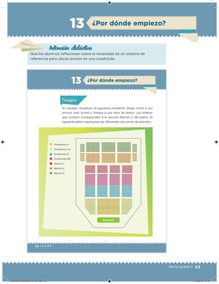 43Sexto grado |
¿Por dónde empiezo?13
Intención didácica
Que los alumnos relexionen sobre la necesidad de un sistema de
referencia para ubicar puntos en una cuadrícula.
26 | Desafíos
¿Por dónde empiezo?13
En parejas, resuelvan el siguiente problema: Diego invitó a sus
primos Joel, Ixchel y Vanesa a una obra de teatro. Los boletos
que compró corresponden a la sección Balcón C del teatro. El
siguiente plano representa las diferentes secciones de asientos.
Acividad 1Acividad 1Acividad 1Acividad 1
ConsignaConsigna
Acividad 2Acividad 2Acividad 2Acividad 2
Acividad 3Acividad 3Acividad 3Acividad 3
Acividad 4Acividad 4Acividad 4Acividad 4
Escenario
Preferente A
Preferente AA
Preferente B
Preferente BB
Balcón C
Balcón D
Balcón E
DESAFIO-DOCENTE-6-final.indd 43 27/06/13 11:45
 