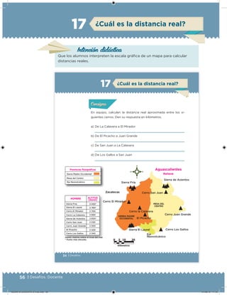 56 | Desafíos. Docente
¿Cuál es la distancia real?17
Intención didácica
Que los alumnos interpreten la escala gráica de un mapa para calcular
distancias reales.
34 | Desafíos
¿Cuál es la distancia real?17
En equipo, calculen la distancia real aproximada entre los si-
guientes cerros. Den su respuesta en kilómetros.
a) De La Calavera a El Mirador
b) De El Picacho a Juan Grande
c) De San Juan a La Calavera
d) De Los Gallos a San Juan
Acividad 1Acividad 1Acividad 1Acividad 1
ConsignaConsigna
Acividad 2Acividad 2Acividad 2Acividad 2
Acividad 3Acividad 3Acividad 3Acividad 3
Acividad 4Acividad 4Acividad 4Acividad 4
NOMBRE ALTITUD
(msnm)
Sierra Madre Occidental
Eje Neovolcánico
Mesa del Centro
Provincias ﬁsiográﬁcas
Sierra Fría
Cerro El Mirador
Cerro La Calavera
El Picacho
Sierra El Laurel
Cerro Los Gallos
Cerro Juan Grande
Sierra de Asientos
Cerro San Juan
2 760*
3 050*
2 700
2 660
2 650*
2 530
2 500
2 420
2 340
Sierra Fría
Cerro El Mirador
SIERRA MADRE
OCCIDENTAL
Cerro la Calavera
El Picacho
Sierra El Laurel
Eje
Neovolcánico
Cerro Los Gallos
MESA DEL
CENTRO
Cerro Juan Grande
Sierra de Asientos
Cerro San JuanZacatecas
Aguascalientes
Relieve
msnm: metros sobre el nivel del mar.
* Punto más elevado.
DESAFIO-DOCENTE-6-final.indd 56 27/06/13 11:45
 