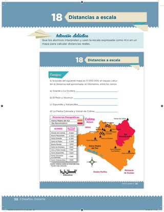 58 | Desafíos. Docente
Distancias a escala18
Intención didácica
Que los alumnos interpreten y usen la escala expresada como m:n en un
mapa para calcular distancias reales.
35Sexto grado |
Si la escala del siguiente mapa es 1:1 000 000, en equipo calcu-
len la distancia real aproximada, en kilómetros, entre los cerros:
a) Grande y La Ocotera
b) El Peón y Alcomún
c) Espumilla y Volcancillos
d) La Piedra Colorada y Volcán de Colima
Acividad 1Acividad 1Acividad 1Acividad 1
ConsignaConsigna
Acividad 2Acividad 2Acividad 2Acividad 2
Acividad 3Acividad 3Acividad 3Acividad 3
Acividad 4Acividad 4Acividad 4Acividad 4
Distancias a escala18
Jalisco
Colima
Relieve
Michoacán
de Ocampo
NOMBRE ALTITUD
(msnm)
Provincias ﬁsiográﬁcas
Volcán de Colima
Cerro Grande
Cerro El Peón
Cerro Espumilla
Sierra Manantlán
Cerro Alcomún
(La Partida)
Cerro La Piedra Colorada
Sierra Perote
Cerro la Ocotera
Cerro Volcancillos
2 420*
3 820
2 220
2 040
1 940*
1 840
1 760
1 400
1 300
1 300
Sierra Madre del Sur
Eje Neovolcánico
Sierra Madre
del Sur
Eje
Neovolcánico
Volcán de Colima
Sierra Manantlán
Cerro
El Peón Cerro Grande
Cerro La Piedra
Colorada
Sierra Perote
Cerro La Ocotera
Cerro Espumilla
Cerro Alcomún
(La Partida)
Cerro Volcancillos
msnm: metros sobre el nivel del mar.
* Punto más elevado.
Oceáno Pacíﬁco
DESAFIO-DOCENTE-6-final.indd 58 27/06/13 11:45
 