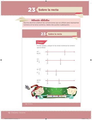 72 | Desafíos. Docente
Intención didácica
Sobre la recta23
Que los alumnos analicen las convenciones que se utilizan para representar
números en la recta numérica, dados dos puntos cualesquiera.
44 | Desafíos
Acividad 1Acividad 1
Acividad 1Acividad 1
Acividad 2Acividad 2Acividad 2Acividad 2
Acividad 3Acividad 3Acividad 3Acividad 3
Acividad 4Acividad 4Acividad 4Acividad 4
ConsignaConsigna
Formen parejas y ubiquen en las rectas numéricas los números
que se indican.
0 2
0 3
4
0 3
5
0 1.25
a) 1
b) 2.5
c) 1
d) 1
2
e) 1
2
5
f) 1
5
g) 0.5
h) 2
Sobre la recta23
1.25
g) 0.5
h)
DESAFIO-DOCENTE-6-final.indd 72 27/06/13 11:45
 