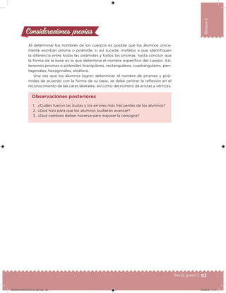 93Sexto grado |
Bloque2
Consideraciones previasConsideraciones previas
Al determinar los nombres de los cuerpos es posible que los alumnos única-
mente escriban prisma o pirámide; si así sucede, invítelos a que identiiquen
la diferencia entre todas las pirámides y todos los prismas, hasta concluir que
la forma de la base es la que determina el nombre especíico del cuerpo. Así,
tenemos prismas o pirámides triangulares, rectangulares, cuadrangulares, pen-
tagonales, hexagonales, etcétera.
Una vez que los alumnos logren determinar el nombre de prismas y pirá-
mides de acuerdo con la forma de su base, se debe centrar la relexión en el
reconocimiento de las caras laterales, así como del número de aristas y vértices.
1. ¿Cuáles fueron las dudas y los errores más frecuentes de los alumnos?
2. ¿Qué hizo para que los alumnos pudieran avanzar?
3. ¿Qué cambios deben hacerse para mejorar la consigna?
Observaciones posteriores
DESAFIO-DOCENTE-6-final.indd 93 27/06/13 11:47
 