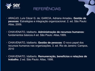 REFERÊNCIAS
• ARAÚJO, Luís Cézar G. de; GARCIA, Adriana Amadeu. Gestão de
pessoas: Estratégias e integração organizacional. 2. ed. São Paulo:
Atlas, 2009.
• CHIAVENATO, Idalberto. Administração de recursos humanos:
fundamentos básicos.4 ed. São Paulo: Atlas,1999.
• CHIAVENATO, Idalberto. Gestão de pessoas: O novo papel dos
recursos humanos nas organizações. 3. ed. Rio de Janeiro: Campos,
2010
• CHIAVENATO, Idalberto. Remuneração, benefícios e relações de
trabalho. 2 ed. São Paulo: Atlas, 1998.
 