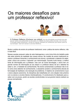O Professor Reflexivo [Conhecer sua prática] Uma das dificuldades encontrada hoje pela
grande maioria dos profissionais da educação, é a reflexão da própria prática docente, uma vez que,
a formação deste profissional o remete as práticas utilizadas por professores que fizeram parte da
sua formação.” Que nem sempre é uma boa referência.
Os maiores desafios para
um professor reflexivo!
Mudar a prática de ensino do professor tradicional, numa prática de ensino reflexivo, não
é nada fácil!.
Nossas escolas possuem salas de aula heterogenias e uma única linha de trabalho pode
não estar próxima da realidade dos nossos alunos. No modelo de ensino tradicional so-
mente o professor transmite o conhecimento aos alunos, considerado o detentor do saber,
onde o aluno era ouvinte e “aprendia” por memorização. Durante muito tempo, a melhor
fonte de informações era o professor, mas com as novas tecnologias, o aluno tem um
grande número de informações ao seu dispor e o professor deixou de ser o detentor do
saber e, sim, o mediador do conhecimento. No ensino construtivista o professor não é vis-
to como único detentor do conhecimento, o estudante constrói o conhecimento através de
formulação de hipóteses e da resolução de problemas. O objetivo do construtivismo é que
o aluno adquira autonomia. As disciplinas são trabalhadas em uma relação mais próxima
com os alunos e envolve fatores interdisciplinares. O construtivismo foi idealizado para a-
cabar com as provas, porém as escolas construtivistas na sua grande maioria realizam as
provas normalmente.
 