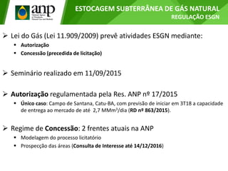  Lei do Gás (Lei 11.909/2009) prevê atividades ESGN mediante:
 Autorização
 Concessão (precedida de licitação)
 Seminário realizado em 11/09/2015
 Autorização regulamentada pela Res. ANP nº 17/2015
 Único caso: Campo de Santana, Catu-BA, com previsão de iniciar em 3T18 a capacidade
de entrega ao mercado de até 2,7 MMm3/dia (RD nº 863/2015).
 Regime de Concessão: 2 frentes atuais na ANP
 Modelagem do processo licitatório
 Prospecção das áreas (Consulta de Interesse até 14/12/2016)
ESTOCAGEM SUBTERRÂNEA DE GÁS NATURAL
REGULAÇÃO ESGN
 