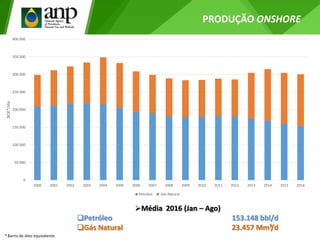 * Barris de óleo equivalente
0
50.000
100.000
150.000
200.000
250.000
300.000
350.000
400.000
2000 2001 2002 2003 2004 2005 2006 2007 2008 2009 2010 2011 2012 2013 2014 2015 2016
BOE*/dia
Petróleo Gás Natural
Média 2016 (Jan – Ago)
Petróleo 153.148 bbl/d
Gás Natural 23.457 Mm³/d
PRODUÇÃO ONSHORE
 