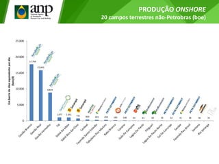 17.706
15.843
8.834
1.077 1.051 731 403 303 294 180 108 64 61 60 59 42 41 38 38 35
0
5.000
10.000
15.000
20.000
25.000
Embarrisdeóleoequivalentepordia
(boe/d)
PRODUÇÃO ONSHORE
20 campos terrestres não-Petrobras (boe)
 