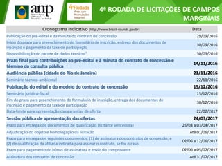 Cronograma Indicativo (http://www.brazil-rounds.gov.br) Data
Publicação do pré-edital e da minuta do contrato de concessão 29/09/2016
Início do prazo para preenchimento do formulário de inscrição, entrega dos documentos de
inscrição e pagamento da taxa de participação
30/09/2016
Disponibilização do pacote de dados técnicos¹ 30/09/2016
Prazo final para contribuições ao pré-edital e à minuta do contrato de concessão e
término da consulta pública
14/11/2016
Audiência pública (cidade do Rio de Janeiro) 21/11/2016
Seminário técnico-ambiental 22/11/2016
Publicação do edital e do modelo do contrato de concessão 15/12/2016
Seminário jurídico-fiscal 15/12/2016
Fim do prazo para preenchimento do formulário de inscrição, entrega dos documentos de
inscrição e pagamento da taxa de participação
30/12/2016
Data-limite para apresentação das garantias de oferta 22/02/2017
Sessão pública de apresentação das ofertas 24/03/2017
Prazo para entrega dos documentos de qualificação (licitante vencedora) 25/03 a 03/04/2017
Adjudicação do objeto e homologação da licitação Até 01/06/2017
Prazo para entrega dos seguintes documentos: (1) de assinatura dos contratos de concessão; e
(2) de qualificação da afiliada indicada para assinar o contrato, se for o caso.
02/06 a 12/06/2017
Prazo para pagamento do bônus de assinatura e envio do comprovante 02/06 a 05/07/2017
Assinatura dos contratos de concessão Até 31/07/2017
4ª RODADA DE LICITAÇÕES DE CAMPOS
MARGINAIS
 