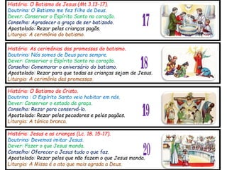 História: O Batismo de Jesus (Mt 3.13-17).
Doutrina: O Batismo me fez filho de Deus.
Dever: Conservar o Espírito Santo no coração.
Conselho: Agradecer a graça de ser batizado.
Apostolado: Rezar pelas crianças pagãs.
Liturgia: A cerimônia do batismo.
17
História: As cerimônias das promessas do batismo.
Doutrina: Nós somos de Deus para sempre.
Dever: Conservar o Espírito Santo no coração.
Conselho: Comemorar o aniversário do batismo.
Apostolado: Rezar para que todas as crianças sejam de Jesus.
Liturgia: A cerimônia das promessas.
História: O Batismo de Cristo.
Doutrina : O Espírito Santo veio habitar em nós.
Dever: Conservar o estado de graça.
Conselho: Rezar para conservá-lo.
Apostolado: Rezar pelos pecadores e pelos pagãos.
Liturgia: A túnica branca.
História: Jesus e as crianças (Lc. 18. 15-17).
Doutrina: Devemos imitar Jesus.
Dever: Fazer o que Jesus manda.
Conselho: Oferecer a Jesus tudo o que faz.
Apostolado: Rezar pelos que não fazem o que Jesus manda.
Liturgia: A Missa é o ato que mais agrada a Deus.
18
19
20
 
