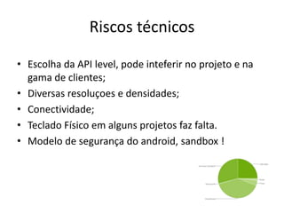 Riscos técnicos
• Escolha da API level, pode inteferir no projeto e na
gama de clientes;
• Diversas resoluçoes e densidades;
• Conectividade;
• Teclado Físico em alguns projetos faz falta.
• Modelo de segurança do android, sandbox !
 