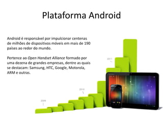 Plataforma Android
Android é responsável por impulcionar centenas
de milhões de dispositivos móveis em mais de 190
países ...