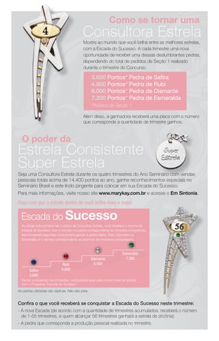 Como se tornar uma
                                             Consultora Estrela
                                             Mostre ao mundo que você brilha entre as melhores estrelas,
                                             com a Escada do Sucesso. A cada trimestre uma nova
                                             oportunidade de receber uma dessas deslumbrantes pedras,
                                             dependendo do total de pedidos de Seção 1 realizado
                                             durante o trimestre do Concurso.

                                                    3.600 Pontos* Pedra de Safira
                                                    4.800 Pontos* Pedra de Rubi
                                                    6.000 Pontos* Pedra de Diamante
                                                    7.200 Pontos* Pedra de Esmeralda
                                                    *Pedidos de Seção 1

                                             Além disso, a ganhadora receberá uma placa com o número
                                             que corresponde a quantidade de trimestre ganhos.



  O poder da
Estrela Consistente
Super Estrela
Seja uma Consultora Estrela durante os quatro trimestres do Ano Seminário com vendas
pessoais totais acima de 14.400 pontos ao ano, ganhe reconhecimentos especiais no
Seminário Brasil e este lindo pingente para colocar em sua Escada do Sucesso.
Para mais informações, visite nosso site www.marykay.com.br e acesse o Em Sintonia.

Faça com que a estrela dentro de você brilhe mais e mais!

  Escada do Sucesso
  Ao atingir pela primeira vez o status de Consultora Estrela, você receberá o broche da
  Escada do Sucesso, com o número e a pedra correspondente ao trimestre conquistado.
  Nos trimestres seguintes você poderá ganhar a pedra Safira, Rubi, Diamante ou
  Esmeralda, e o número correspondente ao acúmulo de trimestres conquistados.



                                                                       Esmeralda
                                                    Diamante             7.200
                               Rubi                   6.000
       Safira                 4.800
       3.600
  Sendo consistente nos trimestres, você poderá subir para novos níveis de acordo
  com o Programa “Escada do Sucesso”.

As pedras utilizadas são réplicas. Não são joias.


Confira o que você receberá se conquistar a Escada do Sucesso neste trimestre:
- A nova Escada (de acordo com a quantidade de trimestres acumulados, receberá o número
  de 1-55 trimestres, e quem alcançar 56 trimestres ganhará a estrela de zircônia).
- A pedra que corresponda a produção pessoal realizada no trimestre.
 