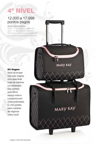 4º NÍVEL
12.000 a 17.999
pontos pagos
Opção para Conquistar
Safira + 14 novos Inícios Qualificados
Rubi + 12 novos Inícios Qualificados
Diamante + 10 novos Inícios Qualificados
Esmeralda + 8 novos Inícios Qualificados




Kit Viagem
Você vai arrasar
nas suas viagens
com essa linda
mala de rodinhas
e a nécessaire.
Elas contam
com ótimo
espaço interno
e proporcionam
muita praticidade.
É o Kit perfeito
para mulheres
de negócios
como você!




   Imagens meramente ilustrativas.
 