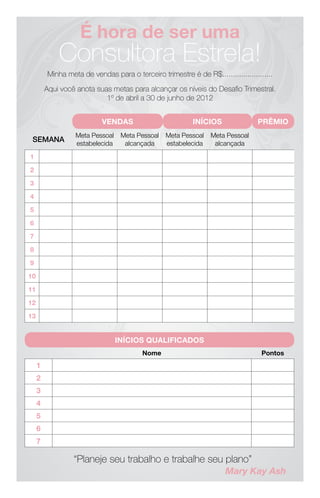 É hora de ser uma
             Consultora Estrela!
         Minha meta de vendas para o terceiro trimestre é de R$........................
         Aqui você anota suas metas para alcançar os níveis do Desaﬁo Trimestral.
                            1º de abril a 30 de junho de 2012


                           VENDAS                          INÍCIOS               PRÊMIO
                  Meta Pessoal    Meta Pessoal   Meta Pessoal    Meta Pessoal
 SEMANA           estabelecida     alcançada     estabelecida     alcançada
1
2
3
4
5
6
7
8
9
10
11
12
13


                                 INÍCIOS QUALIFICADOS
                                         Nome                                      Pontos
     1
     2
     3
     4
     5
     6
     7

                  “Planeje seu trabalho e trabalhe seu plano”
                                                                      Mary Kay Ash
 
