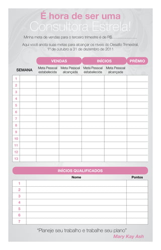 É hora de ser uma
             Consultora Estrela!
         Minha meta de vendas para o terceiro trimestre é de R$........................
         Aqui você anota suas metas para alcançar os níveis do Desafio Trimestral.
                        1º de outubro a 31 de dezembro de 2011


                           VENDAS                          INÍCIOS               PRÊMIO
                  Meta Pessoal    Meta Pessoal   Meta Pessoal    Meta Pessoal
 SEMANA           estabelecida     alcançada     estabelecida     alcançada
1
2
3
4
5
6
7
8
9
10
11
12
13


                                 INÍCIOS QUALIFICADOS
                                         Nome                                      Pontos
     1
     2
     3
     4
     5
     6
     7

                  “Planeje seu trabalho e trabalhe seu plano”
                                                                      Mary Kay Ash
 