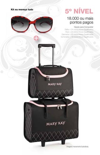 Kit eu mereço tudo
                          5º NÍVEL
                            18.000 ou mais
                             pontos pagos
                                     Opção para Conquistar
                         Safira + 24 novos Inícios Qualificados
                          Rubi + 22 novos Inícios Qualificados
                      Diamante + 20 novos Inícios Qualificados
                     Esmeralda + 18 novos Inícios Qualificados




                            Imagens meramente ilustrativas.
 