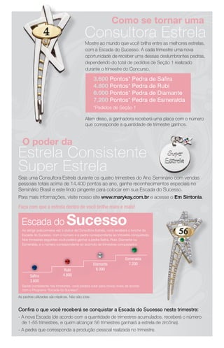 Como se tornar uma
                                             Consultora Estrela
                                             Mostre ao mundo que você brilha entre as melhores estrelas,
                                             com a Escada do Sucesso. A cada trimestre uma nova
                                             oportunidade de receber uma dessas deslumbrantes pedras,
                                             dependendo do total de pedidos de Seção 1 realizado
                                             durante o trimestre do Concurso.

                                                    3.600 Pontos* Pedra de Saﬁra
                                                    4.800 Pontos* Pedra de Rubi
                                                    6.000 Pontos* Pedra de Diamante
                                                    7.200 Pontos* Pedra de Esmeralda
                                                    *Pedidos de Seção 1

                                             Além disso, a ganhadora receberá uma placa com o número
                                             que corresponde a quantidade de trimestre ganhos.



  O poder da
Estrela Consistente
Super Estrela
Seja uma Consultora Estrela durante os quatro trimestres do Ano Seminário com vendas
pessoais totais acima de 14.400 pontos ao ano, ganhe reconhecimentos especiais no
Seminário Brasil e este lindo pingente para colocar em sua Escada do Sucesso.
Para mais informações, visite nosso site www.marykay.com.br e acesse o Em Sintonia.

Faça com que a estrela dentro de você brilhe mais e mais!


  Escada do Sucesso
  Ao atingir pela primeira vez o status de Consultora Estrela, você receberá o broche da
  Escada do Sucesso, com o número e a pedra correspondente ao trimestre conquistado.
  Nos trimestres seguintes você poderá ganhar a pedra Saﬁra, Rubi, Diamante ou
  Esmeralda, e o número correspondente ao acúmulo de trimestres conquistados.



                                                                       Esmeralda
                                                    Diamante             7.200
                               Rubi                   6.000
       Saﬁra                  4.800
       3.600
  Sendo consistente nos trimestres, você poderá subir para novos níveis de acordo
  com o Programa “Escada do Sucesso”.

As pedras utilizadas são réplicas. Não são joias.


Conﬁra o que você receberá se conquistar a Escada do Sucesso neste trimestre:
- A nova Escada (de acordo com a quantidade de trimestres acumulados, receberá o número
  de 1-55 trimestres, e quem alcançar 56 trimestres ganhará a estrela de zircônia).
- A pedra que corresponda a produção pessoal realizada no trimestre.
 