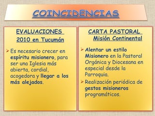EVALUACIONES  2010 en Tucumán Es necesario crecer en  espíritu misionero , para ser una Iglesia más abierta, cordial, acogedora y  llegar a los más alejados . CARTA PASTORAL  Misión Continental Alentar un estilo Misionero  en la Pastoral Orgánica y Diocesana en especial desde la Parroquia. Realización periódica de  gestos misioneros  programáticos. 