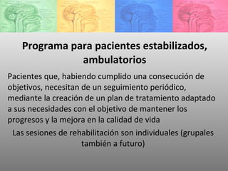 Programa para pacientes estabilizados, ambulatorios Pacientes que, habiendo cumplido una consecución de objetivos, necesitan de un seguimiento periódico, mediante la creación de un plan de tratamiento adaptado a sus necesidades con el objetivo de mantener los progresos y la mejora en la calidad de vida Las sesiones de rehabilitación son individuales (grupales también a futuro) 