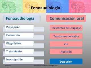 Voz Audición Deglución Trastornos de Habla Fonoaudiología Fonoaudiología Comunicación oral Trastornos de Lenguaje 07/07/10 Introducción a la Fonoaudiología 2010 