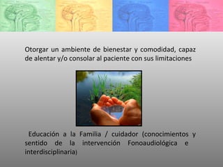 Otorgar un ambiente de bienestar y comodidad, capaz de alentar y/o consolar al paciente con sus limitaciones Educación a la Familia / cuidador (conocimientos y sentido de la intervención Fonoaudiológica e  interdisciplinaria ) 