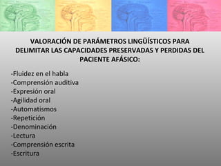 VALORACIÓN DE PARÁMETROS LINGÜÍSTICOS PARA DELIMITAR LAS CAPACIDADES PRESERVADAS Y PERDIDAS DEL PACIENTE AFÁSICO: -Fluidez en el habla  -Comprensión auditiva  -Expresión oral  -Agilidad oral  -Automatismos  -Repetición  -Denominación  -Lectura  -Comprensión escrita  -Escritura  