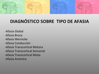 DIAGNÓSTICO SOBRE  TIPO DE AFASIA -Afasia Global  -Afasia Broca  -Afasia Wernicke  -Afasia Conducción  -Afasia Transcortical Motora  -Afasia Transcortical Sensorial  -Afasia Transcortical Mixta  -Afasia Anómica  