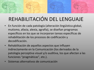REHABILITACIÓN DEL LENGUAJE En función de cada patología (alteración lingüística global, mutismo, afasia, alexia, agrafia), se diseñan programas específicos en los que se incorporan tareas específicas de rehabilitación de los procesos de codificación y decodificación.  Rehabilitación de aquellos aspectos que influyen indirectamente en la Comunicación (los derivados de la patología perceptiva visual y/o auditiva, los que afectan a las funciones “pragmáticas”, etc.).  Sistemas alternativos de comunicación 