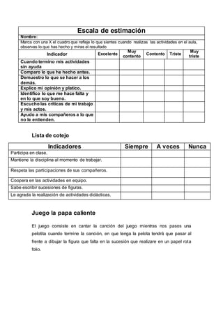 Escala de estimación
Nombre:
Marca con una X el cuadro que refleje lo que sientes cuando realizas las actividades en el aula,
observas lo que has hecho y miras el resultado
Indicador Excelente
Muy
contento
Contento Triste
Muy
triste
Cuando termino mis actividades
sin ayuda
Comparo lo que he hecho antes.
Demuestro lo que se hacer a los
demás.
Explico mi opinión y platico.
Identifico lo que me hace falta y
en lo que soy bueno.
Escucho las críticas de mi trabajo
y mis actos.
Ayudo a mis compañeros a lo que
no le entienden.
Lista de cotejo
Indicadores Siempre A veces Nunca
Participa en clase.
Mantiene la disciplina al momento de trabajar.
Respeta las participaciones de sus compañeros.
Coopera en las actividades en equipo.
Sabe escribir sucesiones de figuras.
Le agrada la realización de actividades didácticas.
Juego la papa caliente
El juego consiste en cantar la canción del juego mientras nos pasos una
pelotita cuando termine la canción, en que tenga la pelota tendrá que pasar al
frente a dibujar la figura que falta en la sucesión que realizare en un papel rota
folio.
 