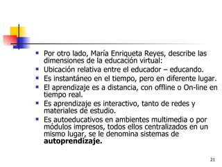 Por otro lado, María Enriqueta Reyes, describe las dimensiones de la educación virtual: Ubicación relativa entre el educador – educando.  Es instantáneo en el tiempo, pero en diferente lugar.  El aprendizaje es a distancia, con offline o On-line en tiempo real.  Es aprendizaje es interactivo, tanto de redes y materiales de estudio.  Es autoeducativos en ambientes multimedia o por módulos impresos, todos ellos centralizados en un mismo lugar, se le denomina sistemas de  autoprendizaje.   