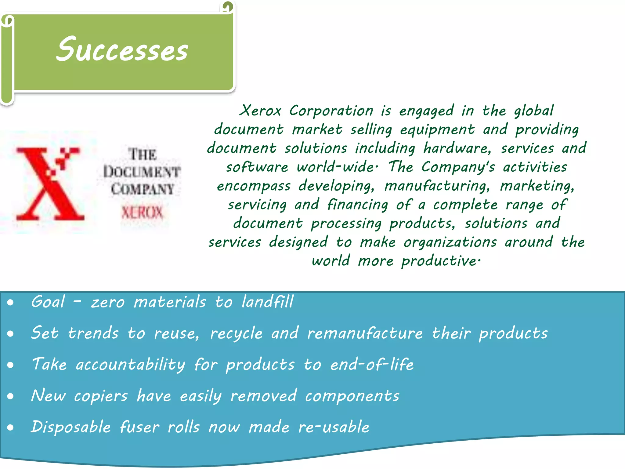 Successes
Xerox Corporation is engaged in the global
document market selling equipment and providing
document solutions including hardware, services and
software world-wide. The Company's activities
encompass developing, manufacturing, marketing,
servicing and financing of a complete range of
document processing products, solutions and
services designed to make organizations around the
world more productive.
 Goal – zero materials to landfill
 Set trends to reuse, recycle and remanufacture their products
 Take accountability for products to end-of-life
 New copiers have easily removed components
 Disposable fuser rolls now made re-usable
 