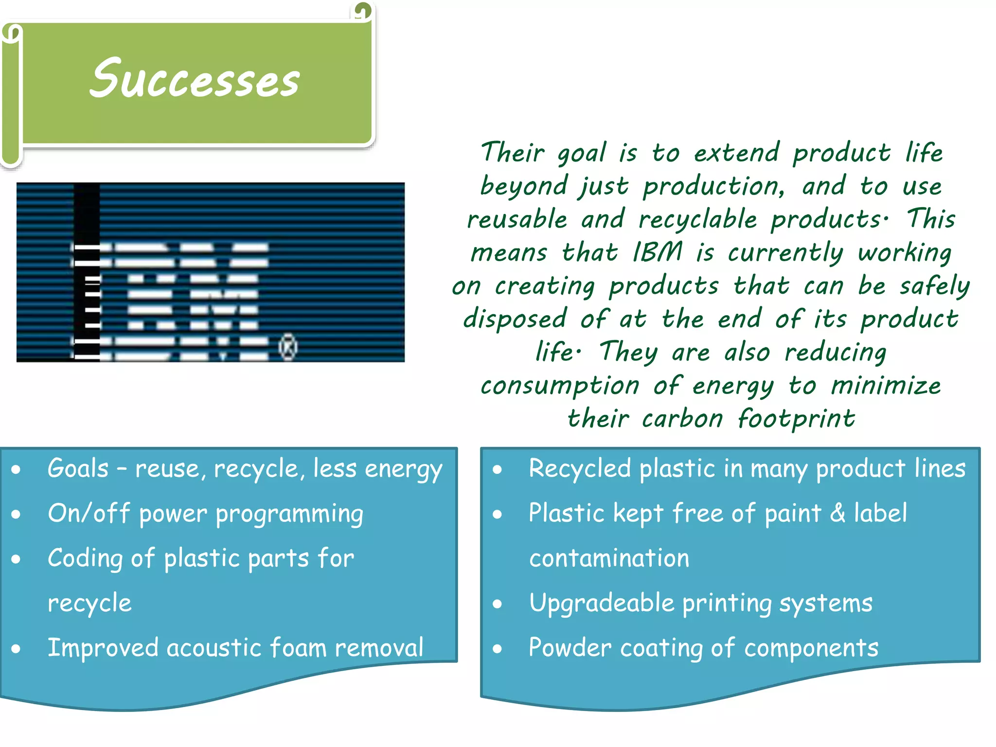 Successes
Their goal is to extend product life
beyond just production, and to use
reusable and recyclable products. This
means that IBM is currently working
on creating products that can be safely
disposed of at the end of its product
life. They are also reducing
consumption of energy to minimize
their carbon footprint
 Goals – reuse, recycle, less energy
 On/off power programming
 Coding of plastic parts for
recycle
 Improved acoustic foam removal
 Recycled plastic in many product lines
 Plastic kept free of paint & label
contamination
 Upgradeable printing systems
 Powder coating of components
 
