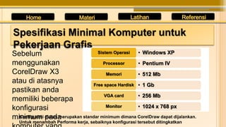 Sebelum
menggunakan
CorelDraw X3
atau di atasnya
pastikan anda
memiliki beberapa
konfigurasi
minimum pada
Spesifikasi Minimal Komputer untuk
Pekerjaan Grafis
• Windows XP
Sistem Operasi
• Pentium IV
Processor
• 512 Mb
Memori
• 1 Gb
Free space Hardisk
• 256 Mb
VGA card
• 1024 x 768 px
Monitor
Konfigurasi diatas merupakan standar minimum dimana CorelDraw dapat dijalankan.
Untuk menambah Performa kerja, sebaiknya konfigurasi tersebut ditingkatkan
 